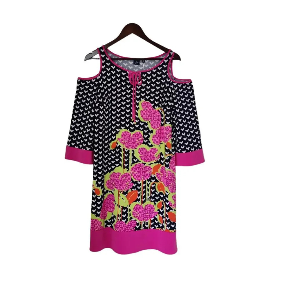 Kaari Blue Cold Shoulder‎ Floral Mini Dress Pink Navy 3/4 Sleeve Jersey Shift M